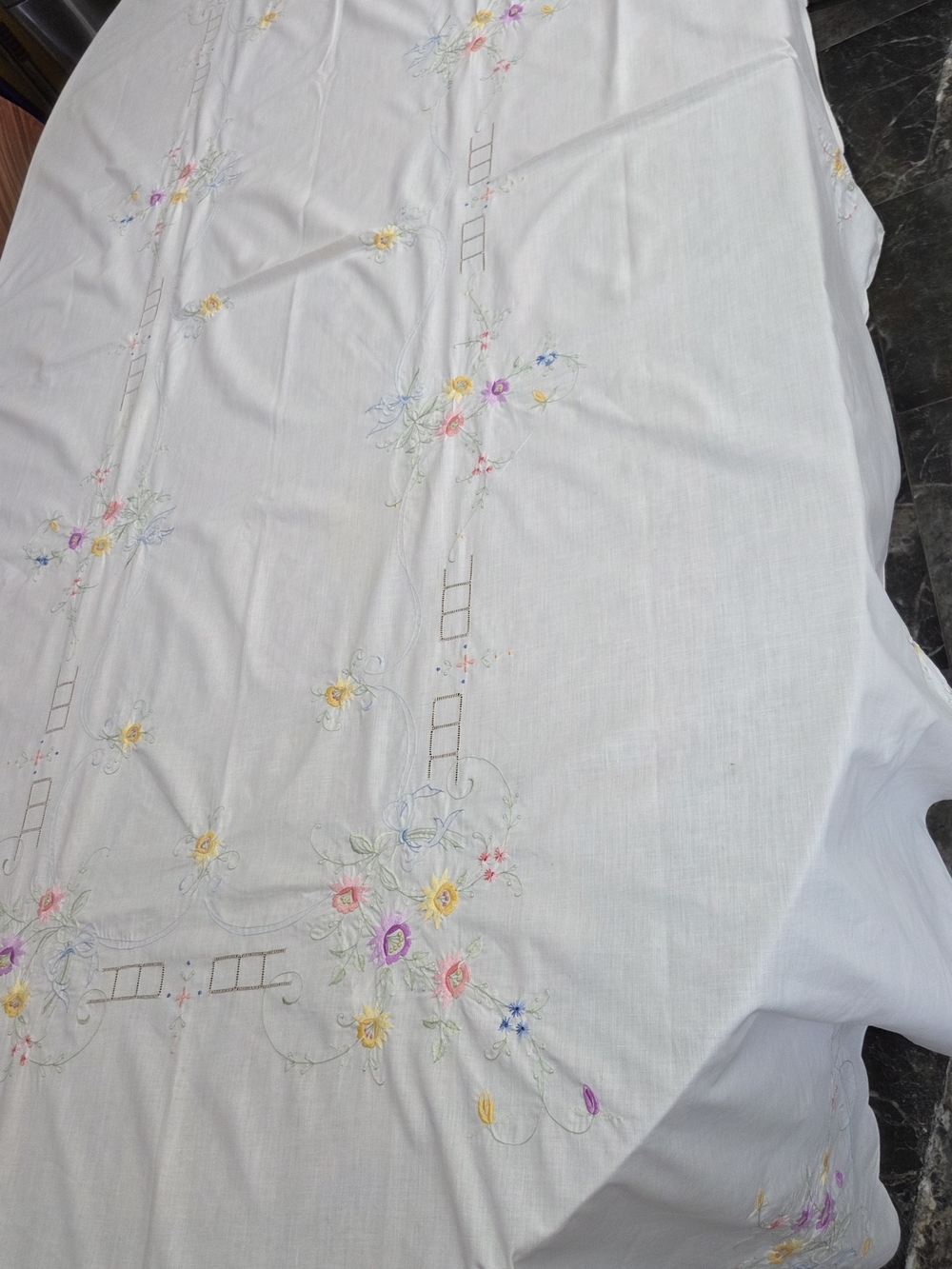 Embroidered White Floral Tablecloth - Delicate Pastel Bouquet 102"x61"